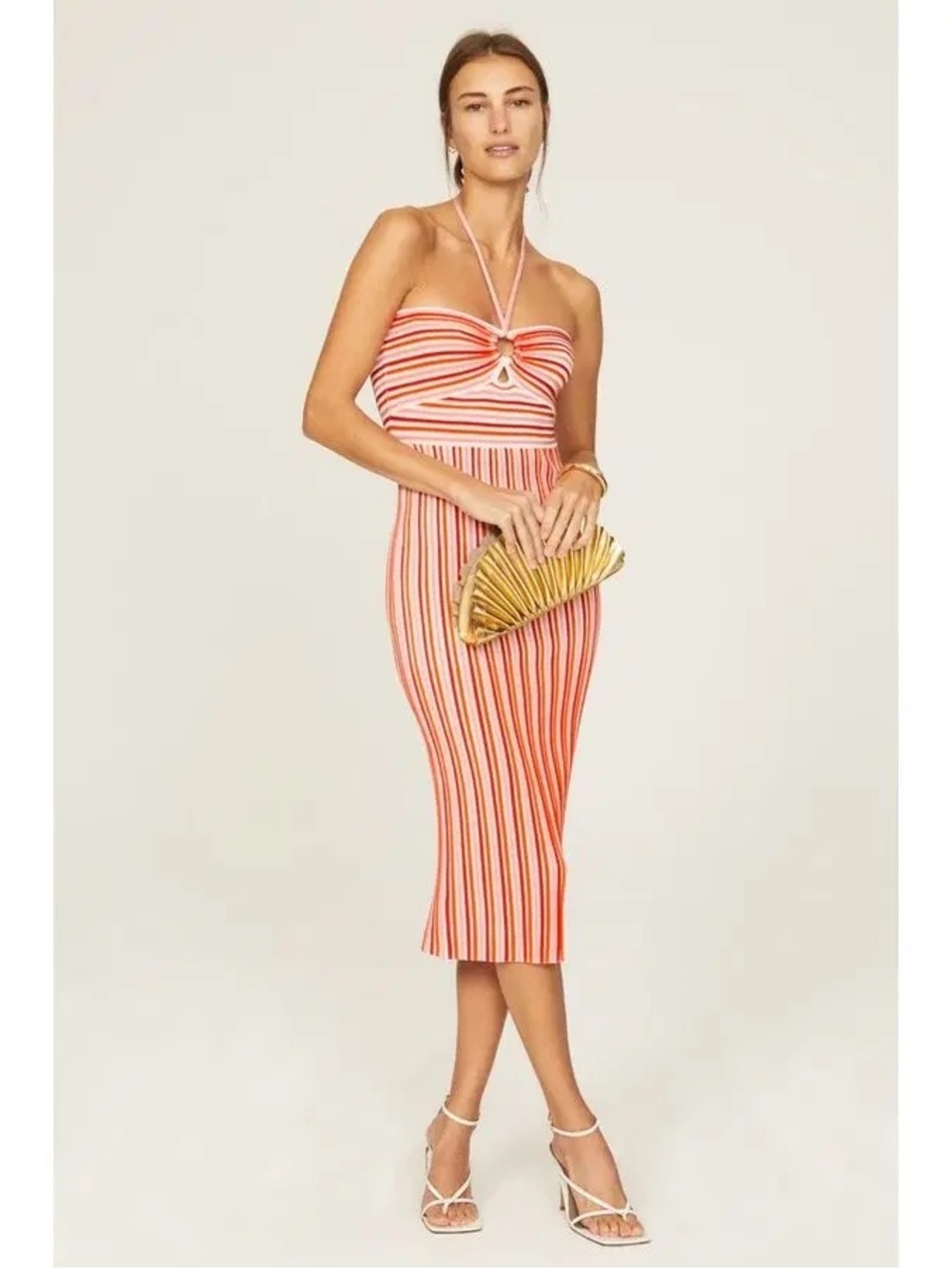 AMUR Coral and Cream Striped Halter Knit Midi Dress